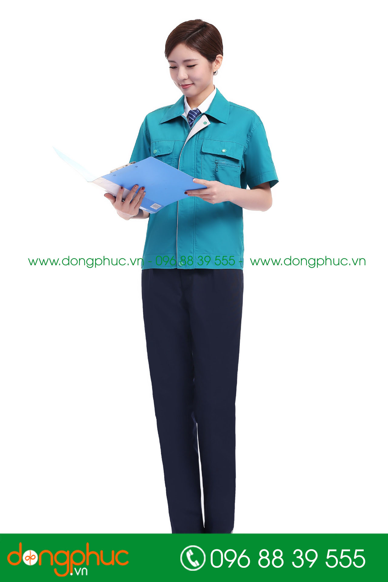 Mẫu bảo hộ màu xanh YA phối ghi cộc tay